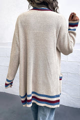Contrast Trim Rib-Knit Open Front Longline Pocket Cardigan