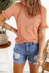 Frill Trim Flounce Sleeve Textured V-Neck T-Shirt