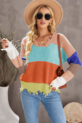 Gerippter Pullover mit V-Ausschnitt und Farbblock-Muster