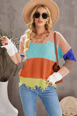 Gerippter Pullover mit V-Ausschnitt und Farbblock-Muster