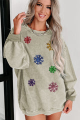 Green Sequin Snowflake Corded Drop Shoulder Graphic Sweatshirt