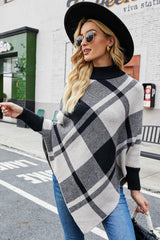 Plaid Mock Neck Handkerchief Hem Poncho