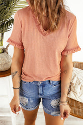 Frill Trim Flounce Sleeve Textured V-Neck T-Shirt