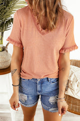 Frill Trim Flounce Sleeve Textured V-Neck T-Shirt