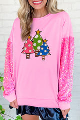 Rosa Sweatshirt mit Paillettenärmeln und Weihnachtsbaum-Grafik