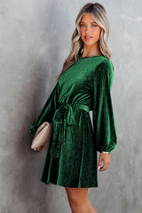 Green Crinkle Velvet Tie Waist Puff Sleeve Mini Dress