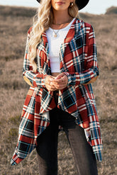 Plaid Elbow Patch Hooded Open Front Top