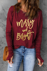 Red Merry Bright Thumb Hole Long Sleeve Graphic T Shirt