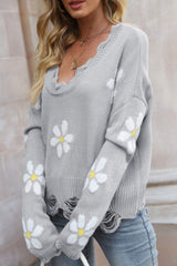 Pullover mit geripptem Blumenbesatz im Used-Look