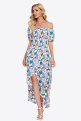 Schulterfreies Maxikleid mit Blumenmuster und Schlitz