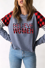 BELIEVE Plaid Striped Raglan Sleeve Top