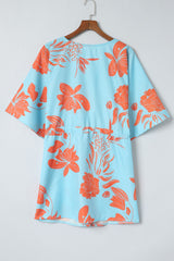 Robe imprimée à col en V et cordon de serrage à la taille
