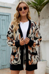 Flauschiger Longline-Cardigan mit offener Vorderseite und Animalprint