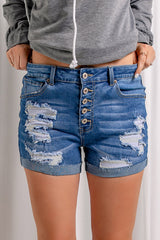 Distressed-Jeansshorts mit Knopfleiste und gestreiftem Futter