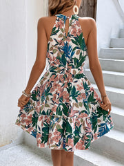 Robe sans manches à volants et ceinture à nouer florale