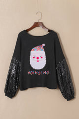 Black Santa Claus & HO HO HO Sequin Sleeve Graphic Top