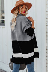 Grauer, langer Cardigan mit Farbblockdesign und offener Vorderseite und Taschen