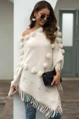 Bead Trim Boat Neck Fringed Poncho