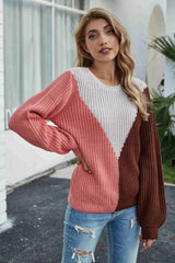 Rippstrickpullover mit Rundhalsausschnitt und Farbblock