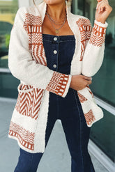 Weißer Cardigan mit geometrischem Print und V-Ausschnitt und Gürtel
