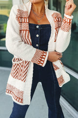 Cardigan blanc à imprimé géométrique et col en V avec ceinture