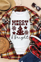 White MERRY Bright Plaid Print Christmas Crewneck Graphic T Shirt