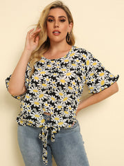 Bluse mit Rundhalsausschnitt und Bindesaum in Übergröße