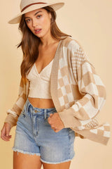 Cardigan kaki à carreaux colorblock ouvert sur le devant