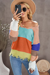 Gerippter Pullover mit V-Ausschnitt und Farbblock-Muster