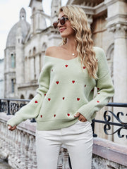 Pullover mit V-Ausschnitt und überschnittenen Schultern und Herz-Print