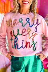 Pull en tricot rose à motif de lettres brillantes « Merry Everything »