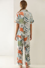 Botanical Print Button-Up Top Pants Pajama Set