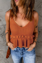 Strick-Tanktop mit V-Ausschnitt und Schößchen und Rüschenbesatz