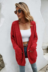 Flauschige Strickjacke mit offener Vorderseite und durchbrochenem Muster und Taschen