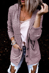 Rosa, flauschige Strickjacke mit Popcorn-Taschen und langen Ärmeln