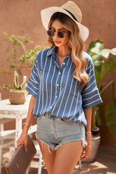 Chemise rayée à manches mi-longues et col