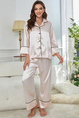 Contrast Piping Button-Up Top Pants Pajama Set