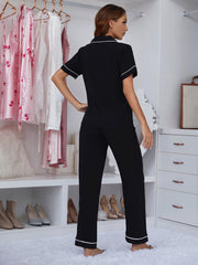 Contrast Piping Lapel Collar Short Sleeve Top Pants Pajama Set