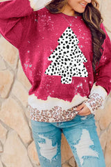 Red Leopard Christmas Tree Print Loose Fit Graphic Sweatshirt