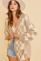 Cardigan kaki à carreaux colorblock ouvert sur le devant