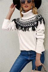 Pull col roulé Fair Isle à franges