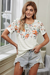 T-Shirt mit Rundhalsausschnitt und Blumenstreifen