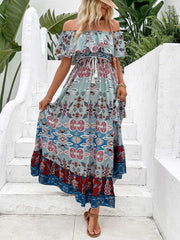 Robe longue fendue à épaules dénudées imprimée
