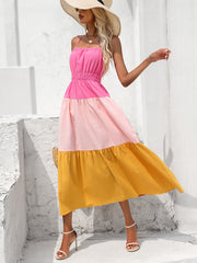 Robe à bretelles spaghetti et taille froncée à blocs de couleurs