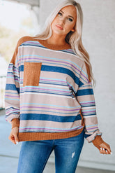 Striped Dropped Shoulder Ribbed Trim Top
