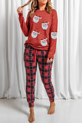 Red Sequined Santa Claus Graphic Top Plaid Pants Lounge Set