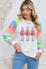 White Sequin Colorblock Sleeve Nutcracker Graphic Sweatshirt