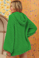 Green Waffle Textured Drawstring Pullover Hoodie