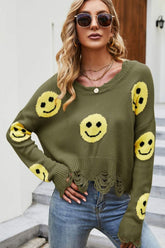 Rundhalspullover mit Smiley-Gesicht im Used-Look
