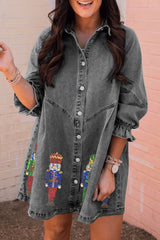 Gray Denim Sequin Cartoon Graphic Long Sleeve Shirt Dress